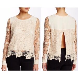 Free People Romantic Champagne Crochet Lace Pretty Rad Split Back Sweater L